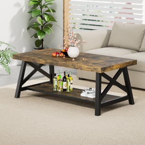 Industrial Couchtisch 120x60cm mit Untergestell - Vintage Wohnzimmertisch aus Massivholz-Optik, Industrieller Couch Tisch mit Ablageregal, Dunkelgrau - Nussbaum Design Teetisch für Wohnzimmer von ChromaCasa