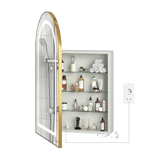 ChromaCasa LED-Badezimmerschrank mit Antibeschlag Spiegel und verstellbaren Regalen – 3 platzsparende Badezimmer Aufbewahrung, Haartrocknerhalter, 3-farbig beleuchteter Mit EU-Stecker 1AC+2USB von ChromaCasa