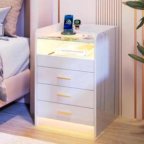 Nachttisch Mit LED Beleuchtung und Steckdosen, 3 Schubladen Bluetooth Nachttisch Mit LadeStation, Beistelltisch Mit Steckdose Mit Ladestation 2AC/2USB, Schlafzimmer Kommode (45x40x65cm) (Weiß) von ChromaCasa