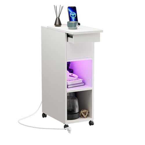 Schmaler Nachttisch mit LED-Beleuchtung und Ladestation - 4-Etagen Kommode mit 1AC+2USB, 1 Schublade, Bluetooth Licht, Weiß - 75x45X25cm Nischenschrank als Beistelltisch oder Schmales Regal von ChromaCasa