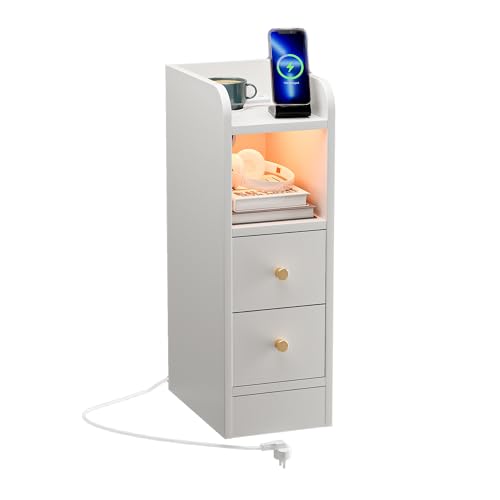 Schmaler Nachttisch mit LED-Beleuchtung und Ladestation - 4-Etagen Kommode mit 1AC+2USB, 2 Schublade, Bluetooth Licht, Weiß - 60X30x20cm Nischenschrank als Beistelltisch oder Schmales Regal von ChromaCasa