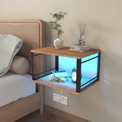 Schwebender Nachttisch mit LED-Beleuchtung – Metallrahmen und Holzplatte, wandmontierter Nachttisch, 2-stöckiges offenes Regal, platzsparendes Möbelstück für kleine Räume (braun, 40 x 30 cm) (1) von ChromaCasa