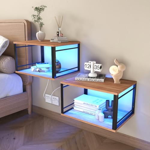 Schwebender Nachttisch mit LED-Beleuchtung – Metallrahmen und Holzplatte, wandmontierter Nachttisch, 2-stöckiges offenes Regal, platzsparendes Möbelstück für kleine Räume (braun, 40 x 30 cm) (2) von ChromaCasa