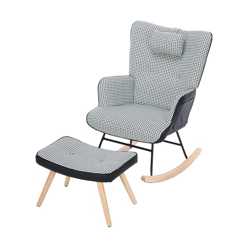 Chippendale Muster Schaukelstuhl mit Fußstütze und Kopfstütze Ergonomischer Wohnzimmer Sessel mit hoher Rückenlehne Gepolstertem Sitzkissen und Seitentasche Kariert Schlafzimmer Loungesessel von Chronetix