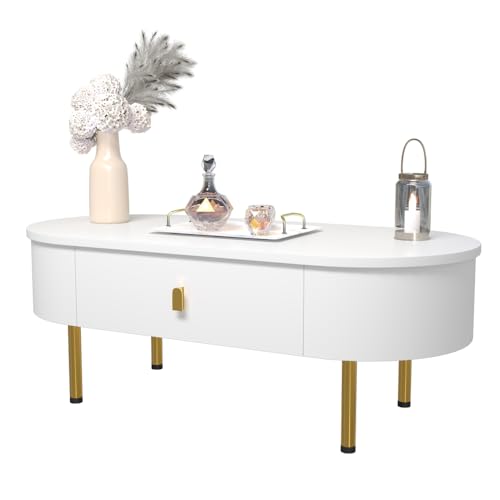 Chronetix Couchtisch Weiß mit 2 Schubladen und Goldenen Griffen Abgerundete Ecken MDF Wohnzimmertisch 108x50x40 cm Moderner Sofatisch mit Stauraum von Chronetix