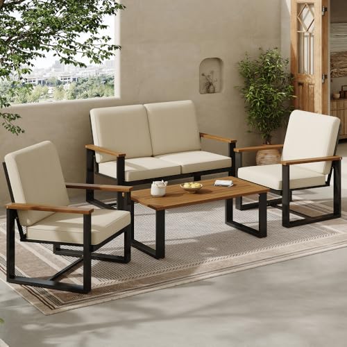 Chronetix Gartenmöbel Set 4-teilig mit 2-Sitzer Sofa 2 Einzelsessel und Couchtisch Verzinkter Stahlrahmen Akazienholzplatte Modern Kompakt für Terrasse Balkon Garten (Beige) von Chronetix