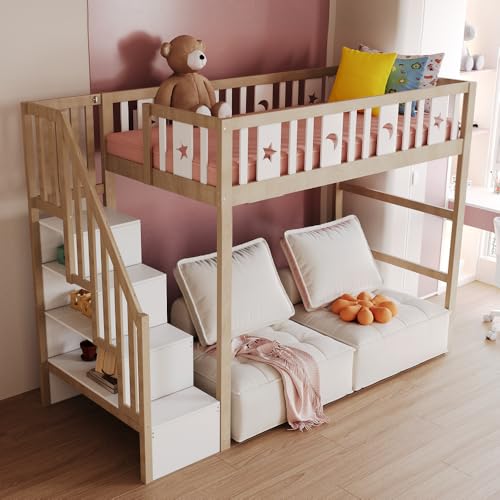Chronetix Kinder-Hochbett, Einzelbett, 90 x 200 cm, mit Leiter und integrierten Regalen, Massivholz, Sicherheitsschienen, Stern-Mond-Dekor (Natur, 90 x 200 m) von Chronetix