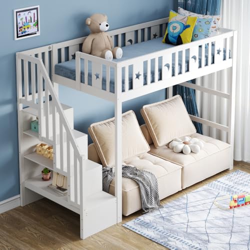 Chronetix Kinder-Hochbett, Einzelbett, 90 x 200 cm, mit Leiter und integrierten Regalen, Massivholz, Sicherheitsschienen, Stern-Mond-Dekor (Weiß, 90 x 200 m) von Chronetix