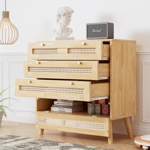 Chronetix Kleiderschrank mit Stange 2-türig mit Rattannetz Flip-Top Fach Natur Holzoptik Schlafzimmer Wohnzimmer Stauraum aus Spanplatte und PE-Rattan (Natural + Wood-1) von Chronetix