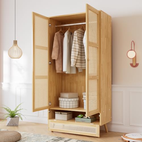 Chronetix Kleiderschrank mit Stange 2-türig mit Rattannetz Flip-Top Fach Natur Holzoptik Schlafzimmer Wohnzimmer Stauraum aus Spanplatte und PE-Rattan (Natural + Wood-2) von Chronetix