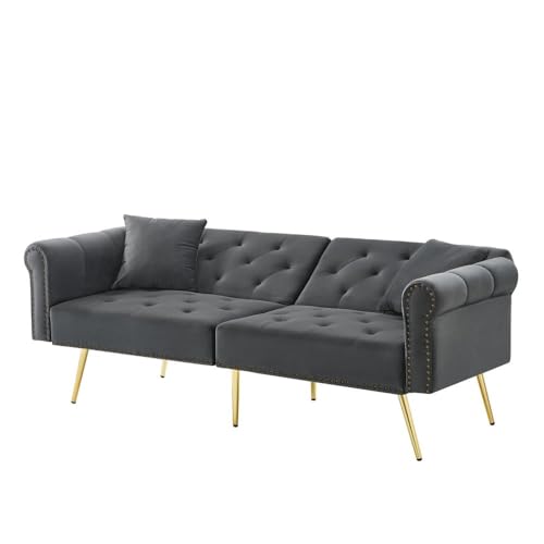 Chronetix Modernes 2-Sitzer Schlafsofa mit Samtbezug Verstellbare Rückenlehnen Goldene Metallfüße Leichte Reinigung Unter Dem Sofa (Antique Gray) von Chronetix