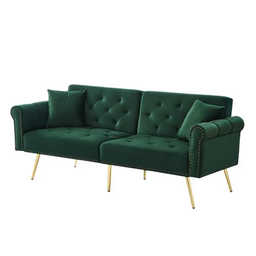 Chronetix Modernes 2-Sitzer Schlafsofa mit Samtbezug Verstellbare Rückenlehnen Goldene Metallfüße Leichte Reinigung Unter Dem Sofa (Antique Green) von Chronetix