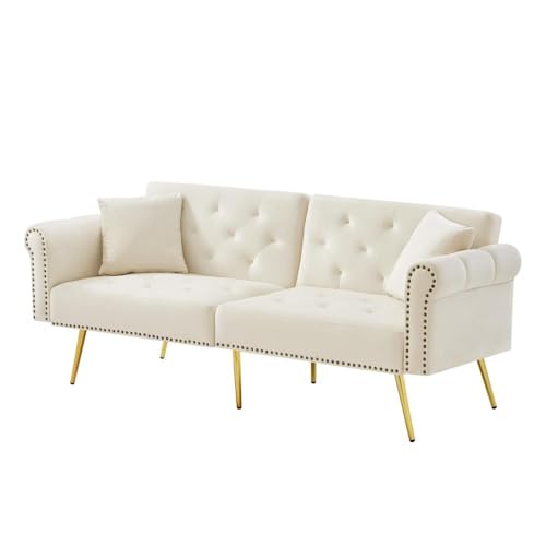 Chronetix Modernes 2-Sitzer Schlafsofa mit Samtbezug Verstellbare Rückenlehnen Goldene Metallfüße Leichte Reinigung Unter Dem Sofa (Beige) von Chronetix