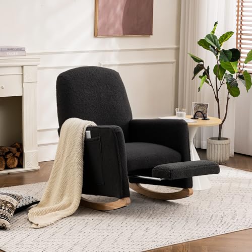 Chronetix Schaukelstuhl Mit Hocker Rosa Teddy-Stoff Hohe Rückenlehne Relaxsessel Mit Ottomane Innenbereich Wohnzimmer Gepolstert Holzgestell von Chronetix