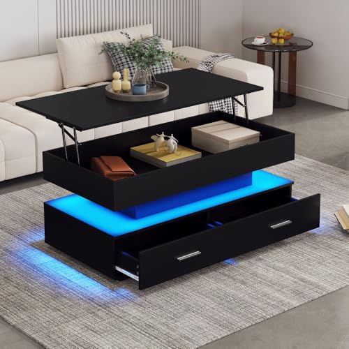 Chronetix Schwarzer Hochglanz Couchtisch Mit LED Licht Hydraulisch Höhenverstellbar 4 Fächer Stauraum USB Ladefunktion 100x50x35cm Modern Wohnzimmer Beistelltisch (Black + Particle Board) von Chronetix