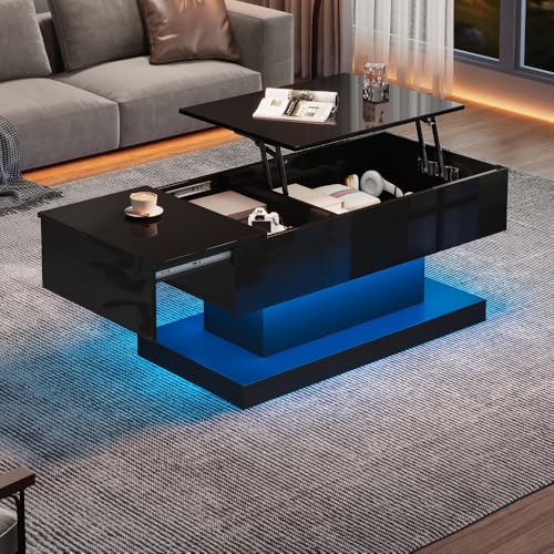 Chronetix Schwarzer Hochglanz Couchtisch Mit LED Licht Hydraulisch Höhenverstellbar 4 Fächer Stauraum USB Ladefunktion 100x50x35cm Modern Wohnzimmer Beistelltisch (Black + Particle Board-1) von Chronetix