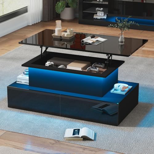 Chronetix Schwarzer Hochglanz Couchtisch Mit LED Licht Hydraulisch Höhenverstellbar 4 Fächer Stauraum USB Ladefunktion 100x50x35cm Modern Wohnzimmer Beistelltisch (Black + Particle Board-3) von Chronetix