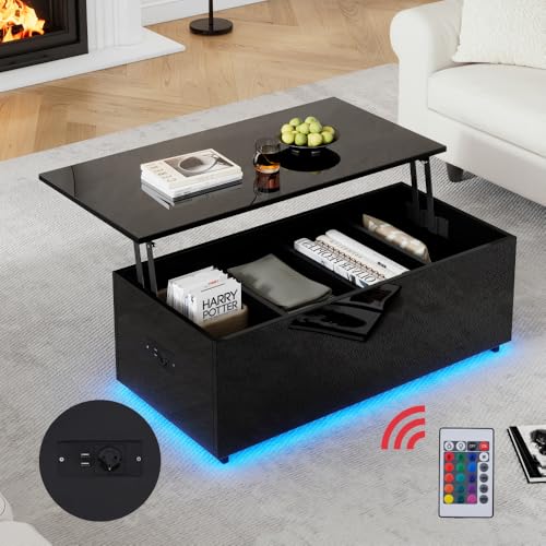 Chronetix Schwarzer Hochglanz Couchtisch Mit LED Licht Hydraulisch Höhenverstellbar 4 Fächer Stauraum USB Ladefunktion 100x50x35cm Modern Wohnzimmer Beistelltisch (Black + Particle Board-4) von Chronetix