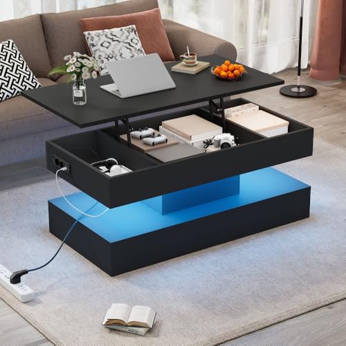 Chronetix Schwarzer Hochglanz Couchtisch Mit LED Licht Hydraulisch Höhenverstellbar 4 Fächer Stauraum USB Ladefunktion 100x50x35cm Modern Wohnzimmer Beistelltisch (Black + Particle Board-5) von Chronetix