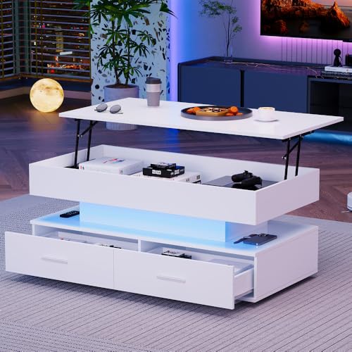 Chronetix Schwarzer Hochglanz Couchtisch Mit LED Licht Hydraulisch Höhenverstellbar 4 Fächer Stauraum USB Ladefunktion 100x50x35cm Modern Wohnzimmer Beistelltisch (White + Particle Board) von Chronetix
