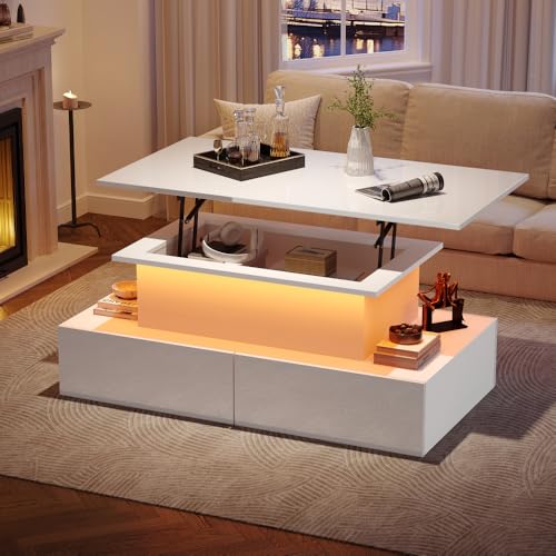 Chronetix Schwarzer Hochglanz Couchtisch Mit LED Licht Hydraulisch Höhenverstellbar 4 Fächer Stauraum USB Ladefunktion 100x50x35cm Modern Wohnzimmer Beistelltisch (White + Particle Board-3) von Chronetix
