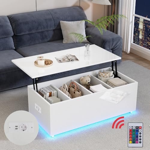 Chronetix Schwarzer Hochglanz Couchtisch Mit LED Licht Hydraulisch Höhenverstellbar 4 Fächer Stauraum USB Ladefunktion 100x50x35cm Modern Wohnzimmer Beistelltisch (White + Particle Board-4) von Chronetix