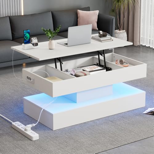 Chronetix Schwarzer Hochglanz Couchtisch Mit LED Licht Hydraulisch Höhenverstellbar 4 Fächer Stauraum USB Ladefunktion 100x50x35cm Modern Wohnzimmer Beistelltisch (White + Particle Board-5) von Chronetix