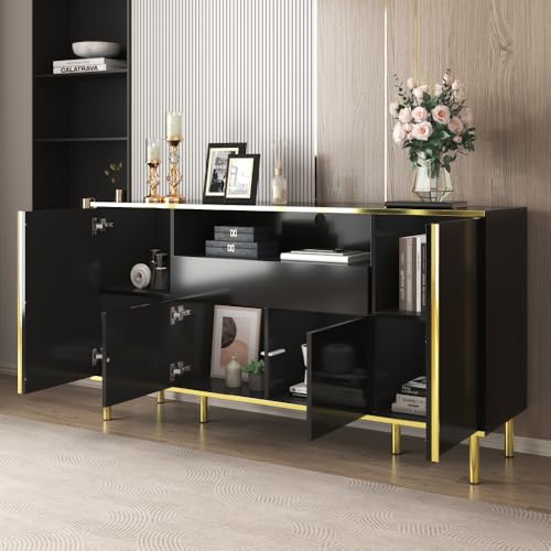 Chronetix Sideboard Hochglanz Schwarz mit LED-Beleuchtung Gold Akzente Kommode 150x40x80cm MDF Spanplatte Wohnzimmerschrank Anrichte Schlafzimmer Modern (Black) von Chronetix
