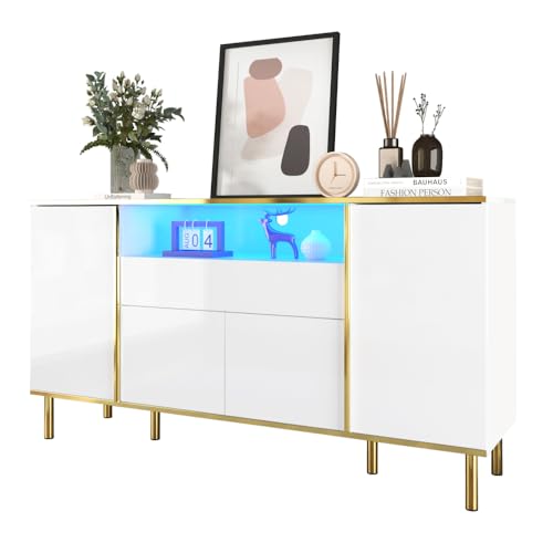 Chronetix Sideboard Hochglanz Schwarz mit LED-Beleuchtung Gold Akzente Kommode 150x40x80cm MDF Spanplatte Wohnzimmerschrank Anrichte Schlafzimmer Modern (White) von Chronetix
