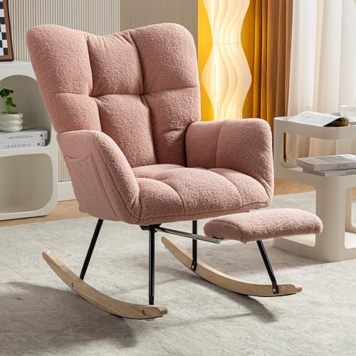 Chronetix Weißer Teddy Schaukelstuhl Mit Ottomane Gepolstert Hochlehner Holz Schaukelstuhl Für Wohnzimmer Schlafzimmer Relaxsessel von Chronetix