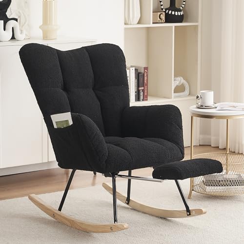 Chronetix Weißer Teddy Schaukelstuhl Mit Ottomane Gepolstert Hochlehner Holz Schaukelstuhl Für Wohnzimmer Schlafzimmer Relaxsessel von Chronetix