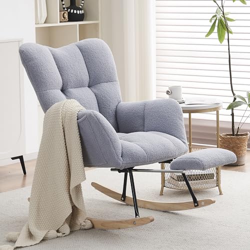 Chronetix Weißer Teddy Schaukelstuhl Mit Ottomane Gepolstert Hochlehner Holz Schaukelstuhl Für Wohnzimmer Schlafzimmer Relaxsessel von Chronetix