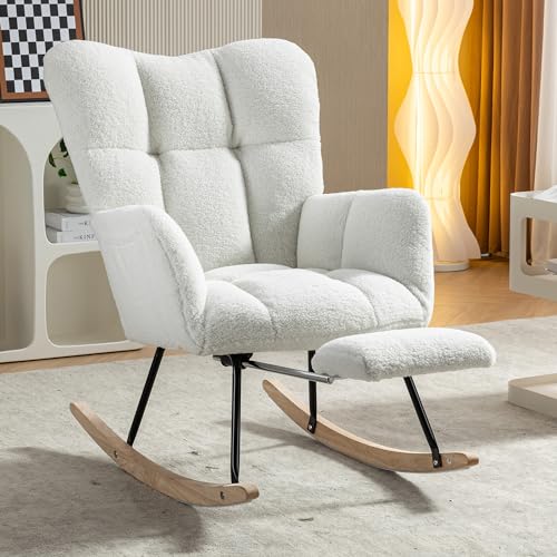 Chronetix Weißer Teddy Schaukelstuhl Mit Ottomane Gepolstert Hochlehner Holz Schaukelstuhl Für Wohnzimmer Schlafzimmer Relaxsessel von Chronetix
