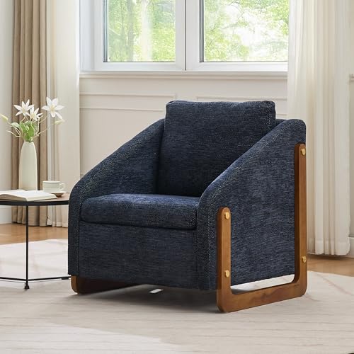 Moderner Loungesessel Blauer Chenillestoff Mit Holzarmlehnen Gepolstert Rückenkissen Wohnzimmer Akzentstuhl 73,5x73,5x73,5 cm von Chronetix