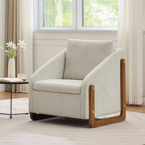 Moderner Loungesessel Blauer Chenillestoff Mit Holzarmlehnen Gepolstert Rückenkissen Wohnzimmer Akzentstuhl 73,5x73,5x73,7 cm von Chronetix