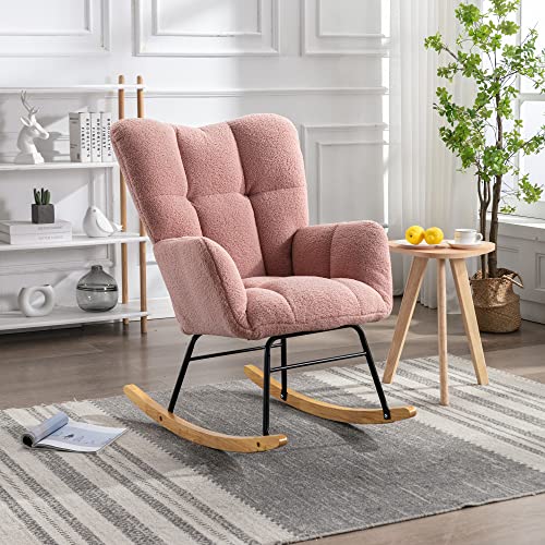 Weißer Schaukelstuhl Mid Century Stil Teddy-Stoff Gepolstert Hohe Rückenlehne Holzschaukelbeine Wohnzimmer Relaxstuhl Schlafzimmer Weißer Schaukelstuhl Mid Century Stil Teddy-Stoff Gepolstert Hohe Rückenlehne Holzschaukelbeine Wohnzimmer Relaxstuhl Schlafzimmer von Chronetix