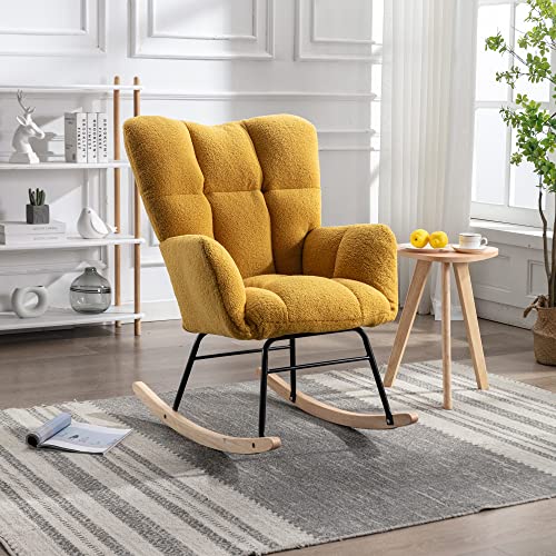Weißer Schaukelstuhl Mid Century Stil Teddy-Stoff Gepolstert Hohe Rückenlehne Holzschaukelbeine Wohnzimmer Relaxstuhl Schlafzimmer Weißer Schaukelstuhl Mid Century Stil Teddy-Stoff Gepolstert Hohe Rückenlehne Holzschaukelbeine Wohnzimmer Relaxstuhl Schlafzimmer von Chronetix