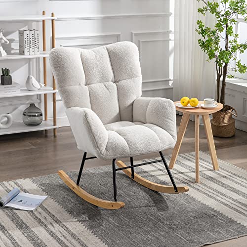 Weißer Schaukelstuhl Mid Century Stil Teddy-Stoff Gepolstert Hohe Rückenlehne Holzschaukelbeine Wohnzimmer Relaxstuhl Schlafzimmer Weißer Schaukelstuhl Mid Century Stil Teddy-Stoff Gepolstert Hohe Rückenlehne Holzschaukelbeine Wohnzimmer Relaxstuhl Schlafzimmer von Chronetix