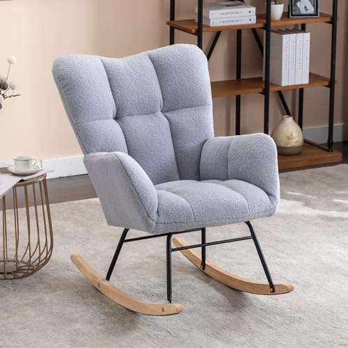 Weißer Schaukelstuhl Mid Century Stil Teddy-Stoff Gepolstert Hohe Rückenlehne Holzschaukelbeine Wohnzimmer Relaxstuhl Schlafzimmer Weißer Schaukelstuhl Mid Century Stil Teddy-Stoff Gepolstert Hohe Rückenlehne Holzschaukelbeine Wohnzimmer Relaxstuhl Schlafzimmer von Chronetix