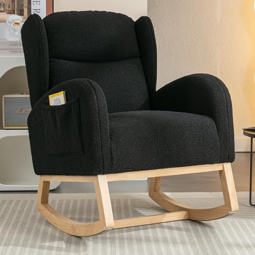 Weißer Teddy Schaukelstuhl Gepolstert Mit Ohrensessel Design Holz Schaukelbeine Wohnzimmer Schlafzimmer Entspannungssessel von Chronetix