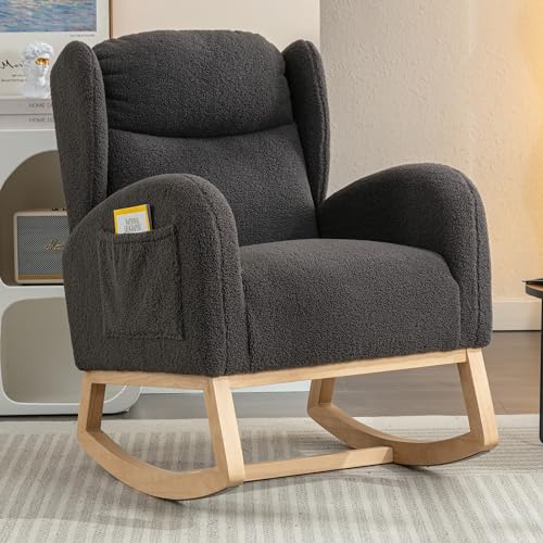 Weißer Teddy Schaukelstuhl Gepolstert Mit Ohrensessel Design Holz Schaukelbeine Wohnzimmer Schlafzimmer Entspannungssessel von Chronetix