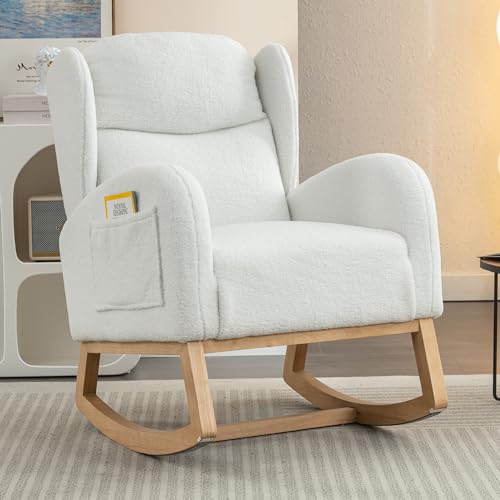 Weißer Teddy Schaukelstuhl Gepolstert Mit Ohrensessel Design Holz Schaukelbeine Wohnzimmer Schlafzimmer Entspannungssessel von Chronetix
