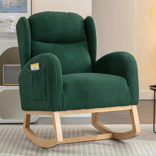 Weißer Teddy Schaukelstuhl Gepolstert Mit Ohrensessel Design Holz Schaukelbeine Wohnzimmer Schlafzimmer Entspannungssessel von Chronetix