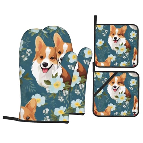 Chrysm Corgi Ofenhandschuhe und Topflappen auf blauem Hintergrund, Küchenhandschuhe, Mikrowelle, Grill, hitzebeständig von Chrysm