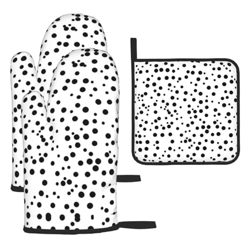 Chrysm Ofenhandschuhe mit schwarzen und weißen Punkten, 2 Handschuhe und 1 Topflappen-Set, Küchenhandschuhe, Mikrowelle, Grill, hitzebeständig von Chrysm