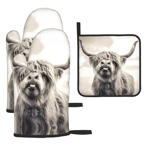 Chrysm Funny Highland Cow Ofenhandschuhe und Topflappen, Grillhandschuhe und Halter zum Kochen Backen (3-teiliges Set) von Chrysm