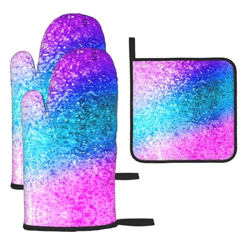 Ofenhandschuhe und Topflappen, glitzernde Pailletten, Grillhandschuhe und Halter zum Kochen, Backen (3-teiliges Set) von Chrysm