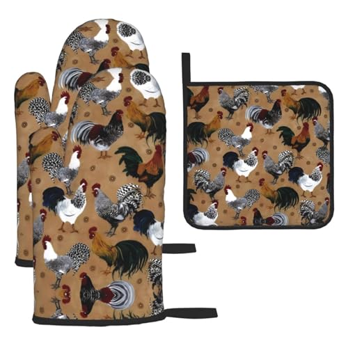 Ofenhandschuhe und Topflappen mit Hahn- und Huhn-Aufdruck, Grillhandschuhe und Halter zum Kochen, Backen (3-teiliges Set) von Chrysm