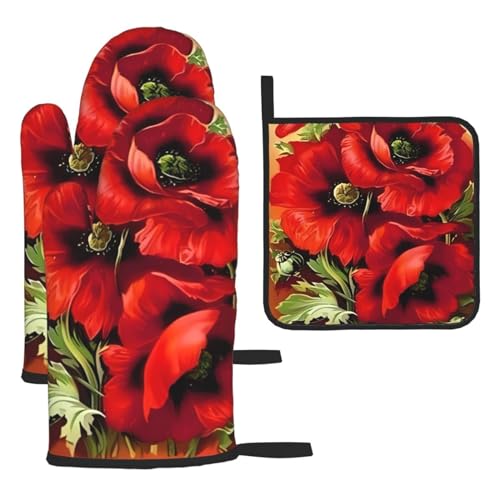 Chrysm Schöne rote Mohnblumen-Ofenhandschuhe und Topflappen, Grillhandschuhe und Halter zum Kochen, Backen (3-teiliges Set) von Chrysm