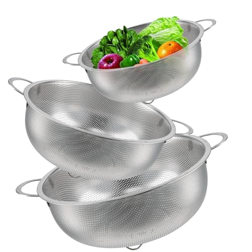 Chstarina Sieb Küche 3er-Set, Sieb Edelstahl mit Griff, Mikroperforiertes Küchensieb, Nudelsieb, Abtropfsieb, für Nudeln Gemüse Obst Reis, Spülmaschinenfest (16.5/22.5/28.5cm) von Chstarina